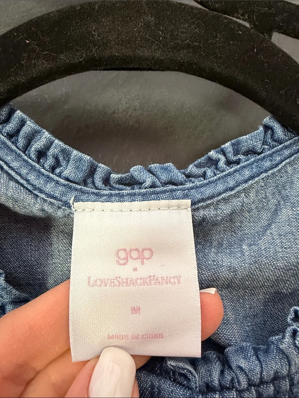 Gap X LoveShackFancy girls denim floppy skirt and ruffle-button front top set M
